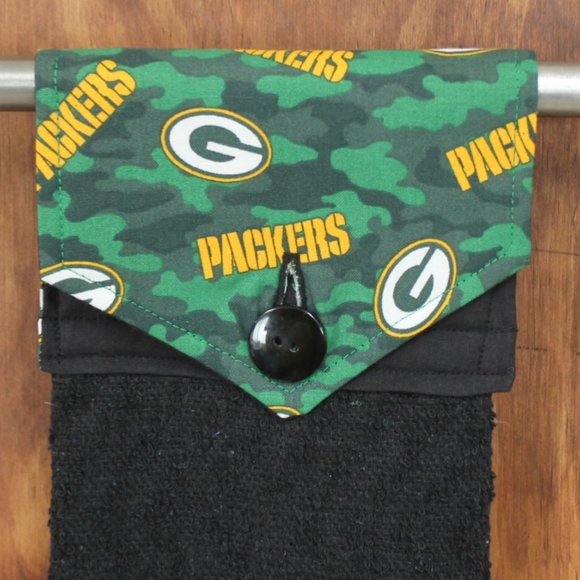 GREEN BAY PACKER BLACK & GREEN PRINT HANDMADE HANGING KITCHEN COTTON TOWEL - Picture 6 of 9
